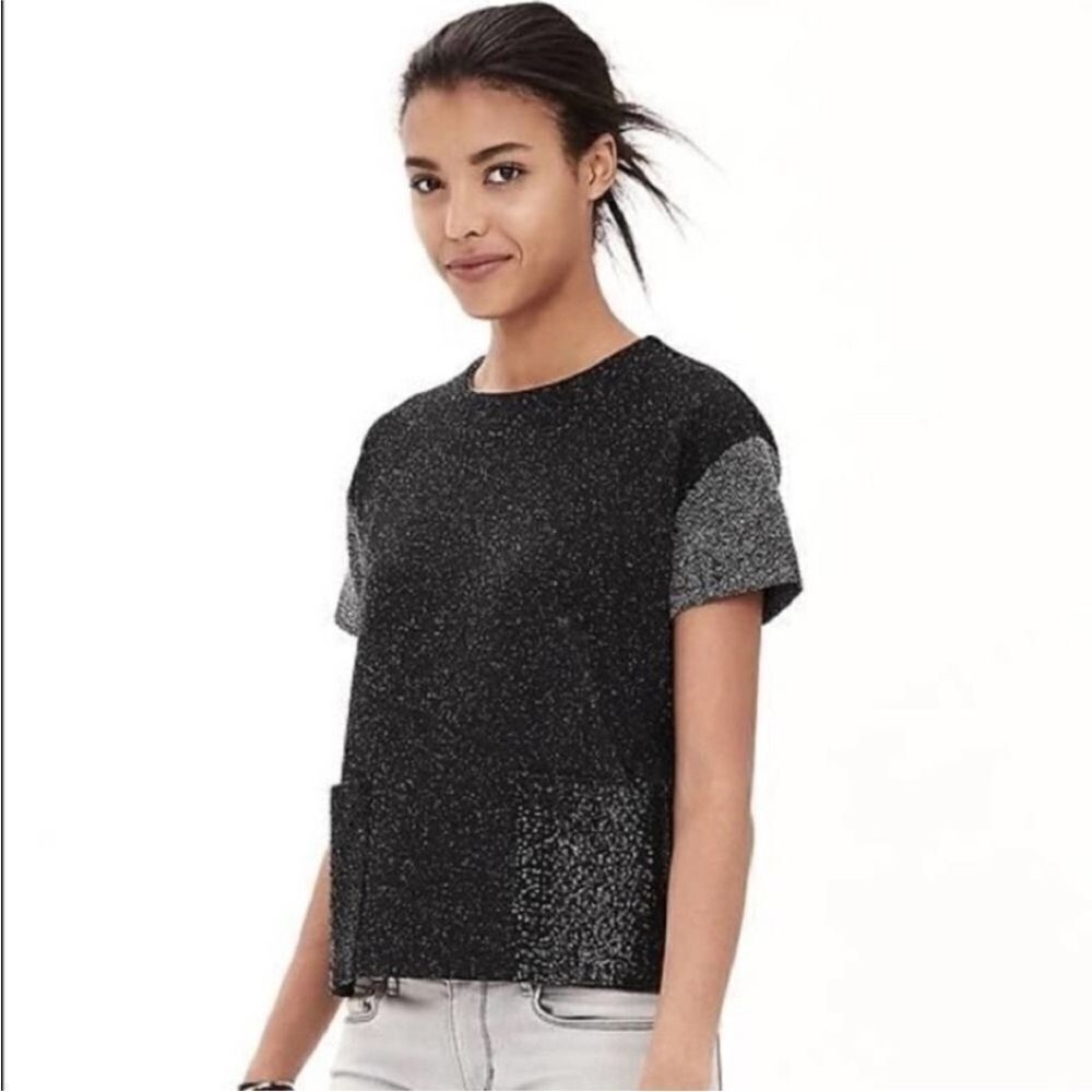 Banana Republic Black and Gray Short-Sleeve Textured Knit Top